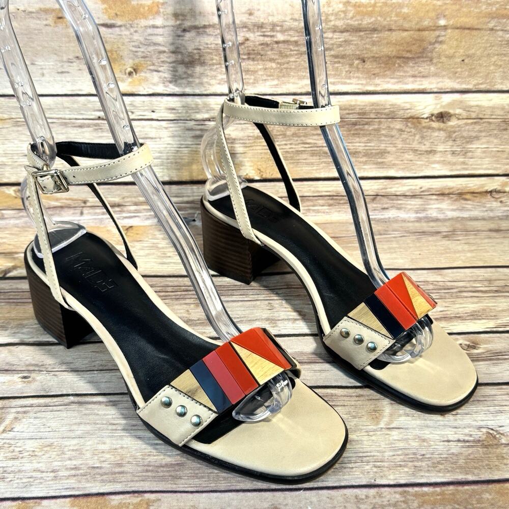 M4DE Womens Tan Leather Open Toe Block Heel Ethnic Boho Sandals w/ Studs 7.5M